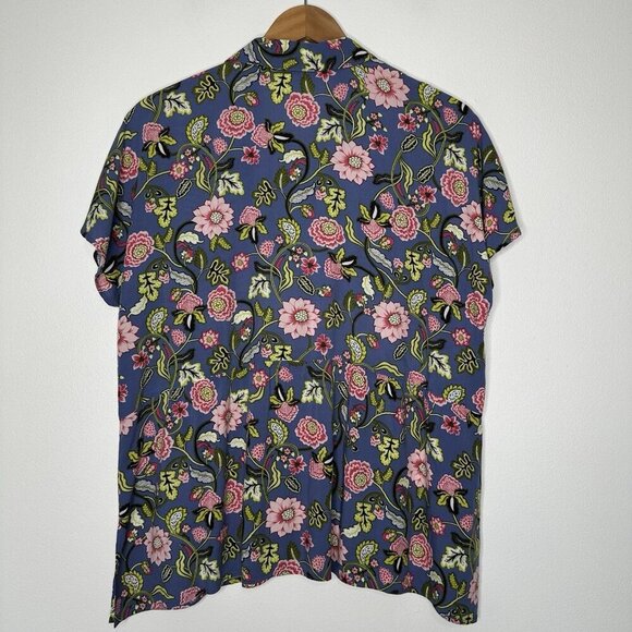 J Jill Popover Top Blue Floral Print Short Sleeve Medium Petite - Picture 4 of 10